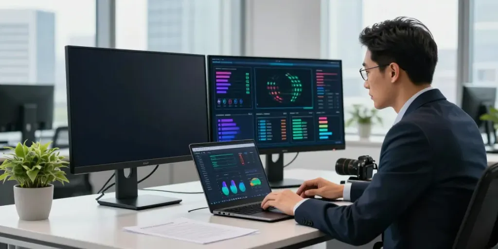 Professioneller IT Sicherheitsberater bei der Tätigkeit in Frankfurt, der die IT Sicherheitsberatung Frankfurt optimal analysiert.