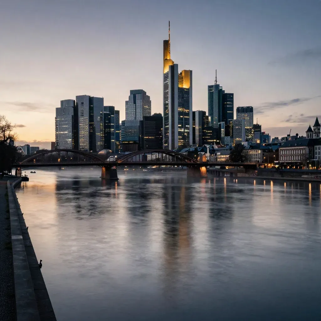 Frankfurter Skyline bei Blauhour über dem Main, Brücken und Nebel im Vordergrund.