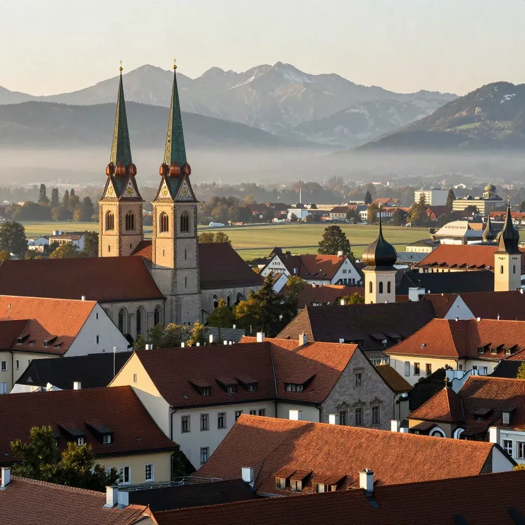 Münchner Dächer im Morgenlicht mit Alpen und ruhigen Vorlandflächen